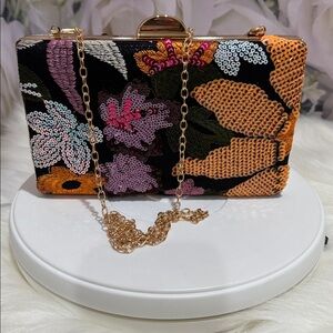 Floral Sequin Clutch with Gold Chain